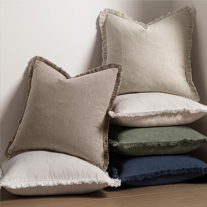 MIULEE Decorative Throw Pillow Covers Neutral Linen Fringe Throw Pillows Euro Shams Set of 2 Dune Boho Farmhouse Cushion Covers for Couch Sofa Bed Living Room Spring Home Decor 26x26 Inch