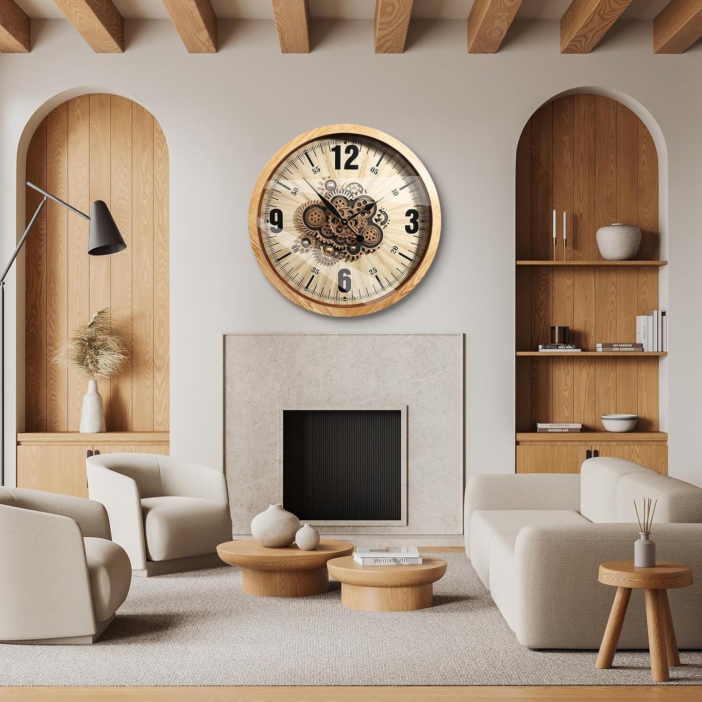 Wall Clocks for Living Room Decor, Large Real Moving Gears Clock, Vintage Industrial Oversized Rustic Farmhouse Kitchen Office Fireplace Wall Decor (Wood Tone, 27 inch)