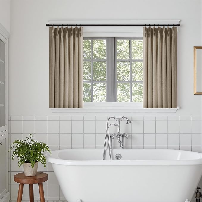 36 Inch Pleated Linen Curtains 36 Inch Length 2 Panel Set Memory Trained Pinch Pleated Privacy Semi Sheer Light Filtering Short Kitchen Window Curtain Thick Dark Flax Taupe Mini Cafe Small Drapes