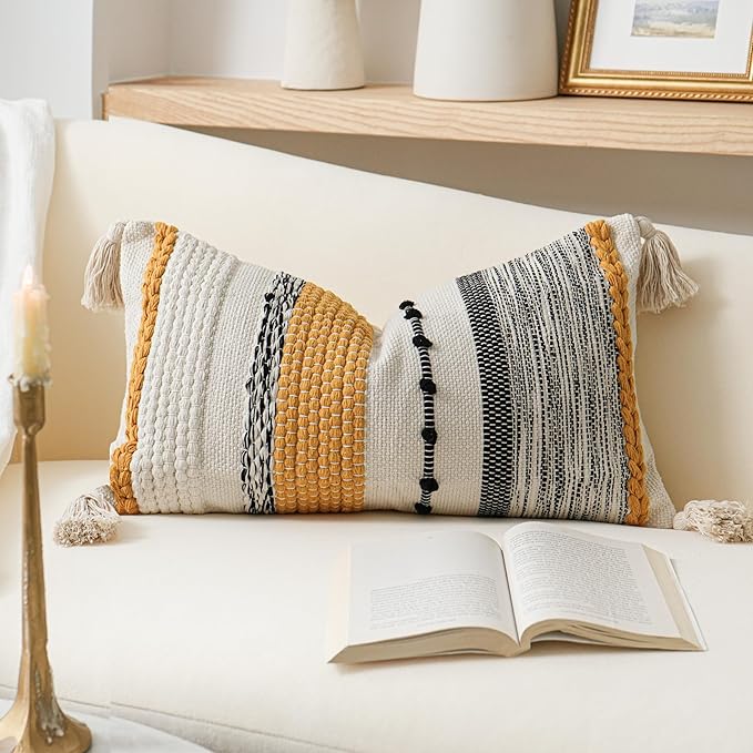 BlissBlush Decorative Lumbar Throw Pillow Cover 14x24 Boho Yellow Mustard Accent Cushion for Couch Sofa Farmhouse Pillowcase for Bedroom Living Room Home Décor Cover ONLY