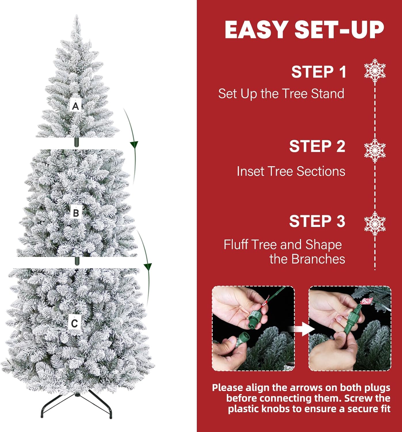 Hykolity 6 ft Prelit Snow Flocked Pencil Slim Christmas Tree, 544 PVC Branch Tips, 200 Color Changing LED Lights, Metal Stand and Hinged Branches, 10 Color Modes