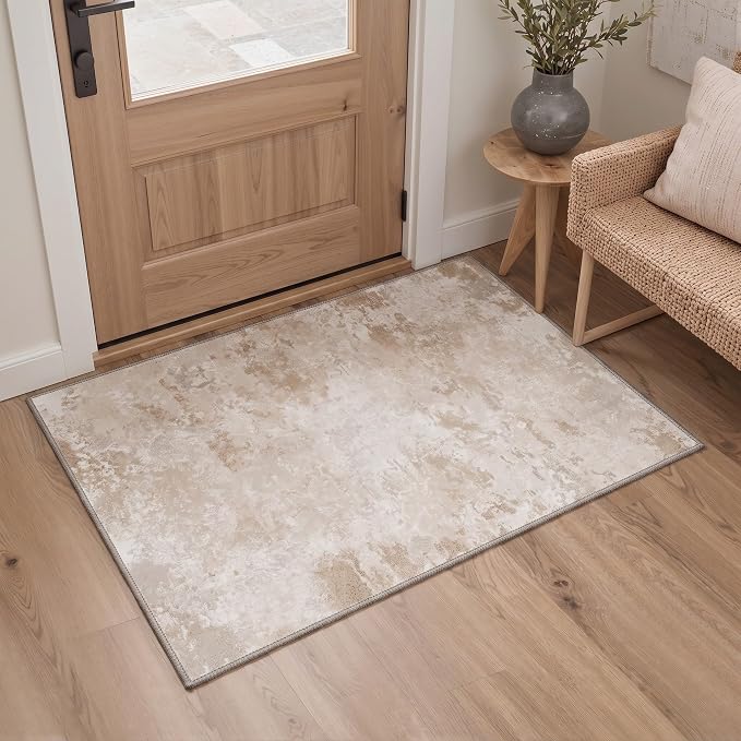 BEIMO 2'6"x6' Runner Rug for Hallway Kitchen, Machine Washable Runners Rug for Entryway, Soft Modern Abstract Throw Rugs, Low Pile Floor Cover with Non Slip Backing, Beige White