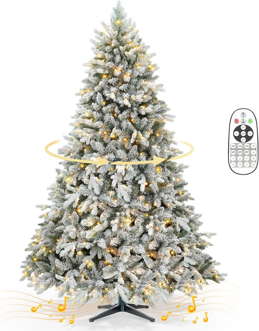 9ft 360° Rotating Pre-Lit Snow Flocked Christmas Tree, Built-in Music, Remote Control, 8 Light-Modes, White Christmas Tree for Home Decor