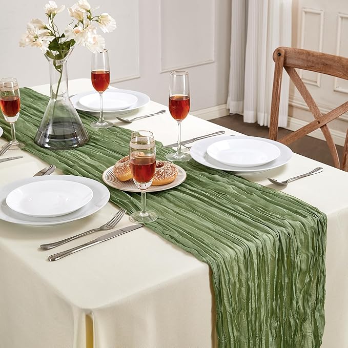 Sage Green Cheesecloth Table Runner 10FT Long Easter Spring Boho Gauze Table Runner Rustic Sheer Runner for Spring Wedding Bridal Baby Shower Birthday Party Table Decor Easter Decorations