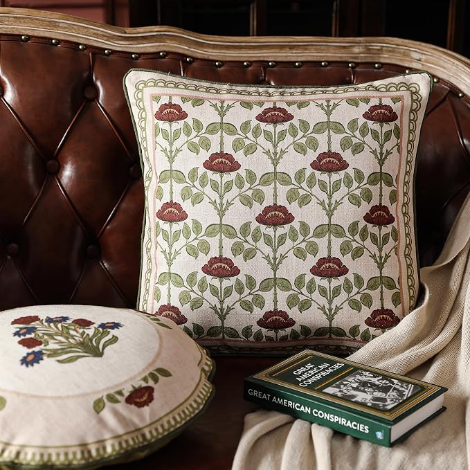 ISAENNE Elegant Linen Throw Pillow Cover,Set of 2,Diameter 16"-Estonia E | Designer Vintage Round Pillow Cover,Concealed Zipper Design,Floral Pattern,Sofas,Bedroom,Living Room,Lounge Chairs