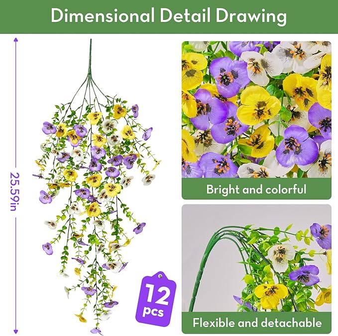 Serwalin Artificial Fake Hanging Flowers for Outdoors Planters,12PCS UV Resistant Faux Pansy Spring Flowers for Outside Porch Patio Garden Window Box (Yellow Purple White)