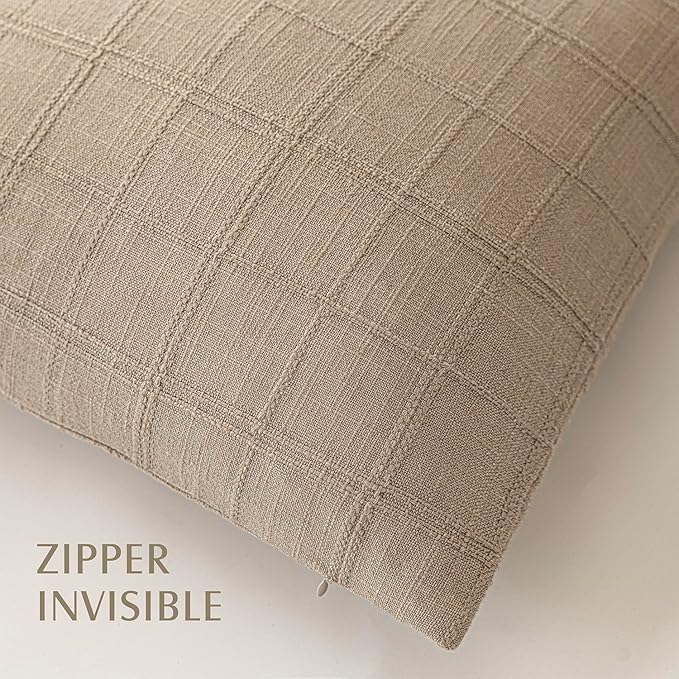 Foindtower Set of 2 Decorative Linen Check Throw Pillow Covers Neutral Farmhouse Vintage Cushion Covers Modern Coastal Boho Home Decor for Sofa Chair Couch Bedroom Living Room,16×16 Inch,Camel