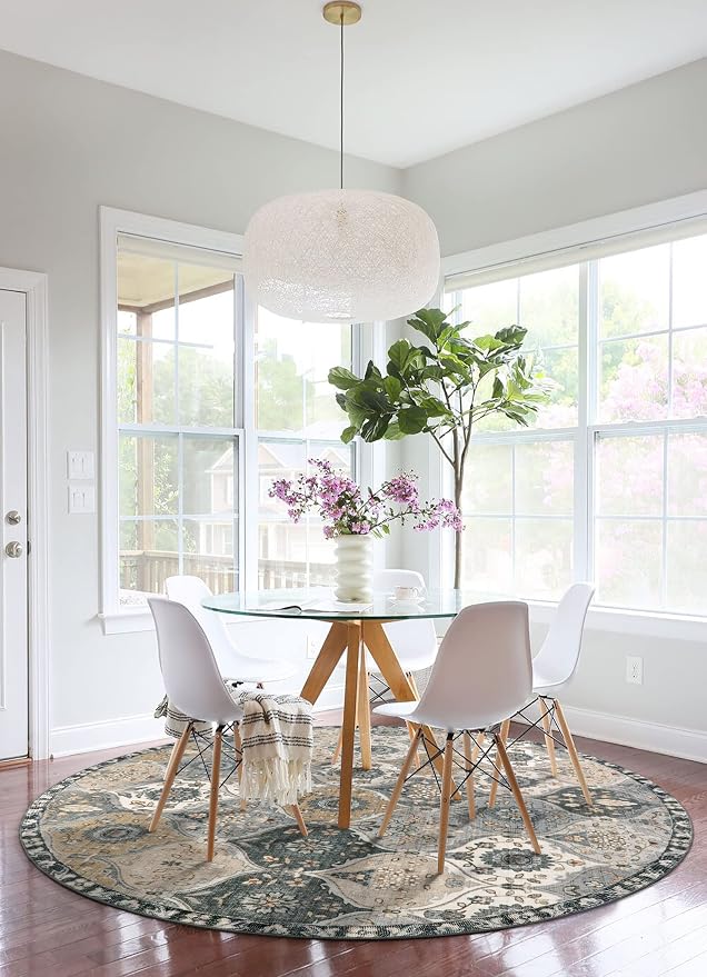 Lahome Moroccan Washable Round Area Rug, Soft Vintage Round Rugs 6ft for Dining Room Bedroom, Ultra-Thin Non-Slip Distress Large Circle Carpet for Living Room Nursery Elise, Grey