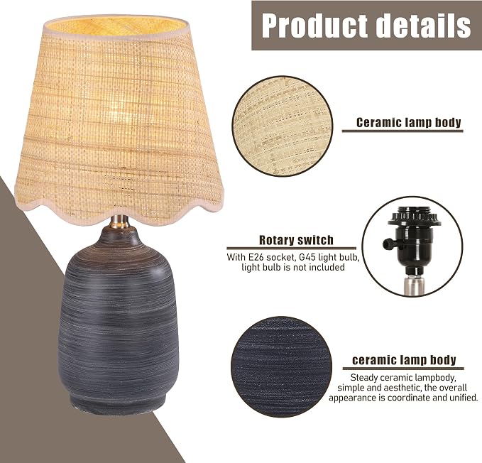 Pia Ricco 19" Modern Ceramic Table Lamp for Living Room Cream Base Desk Lamps for Bedroom Farmhouse Bedside Nightstand Lamp End Table Lamps,White Striped Black Base,Rattan Shade