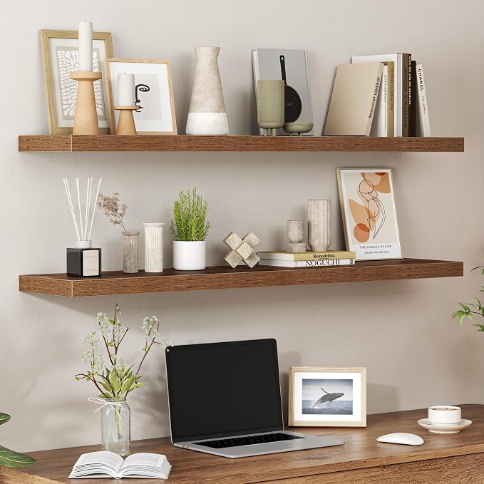 Floating Shelves for Wall 48 Inches Long,9.3" Deep Rustic Brown Floating Shelf Set of 2,Wall Mounted Wood Shelves for Bathroom Bedroom Living Room Kitchen Office,Shelf for Books Storage Room Decor