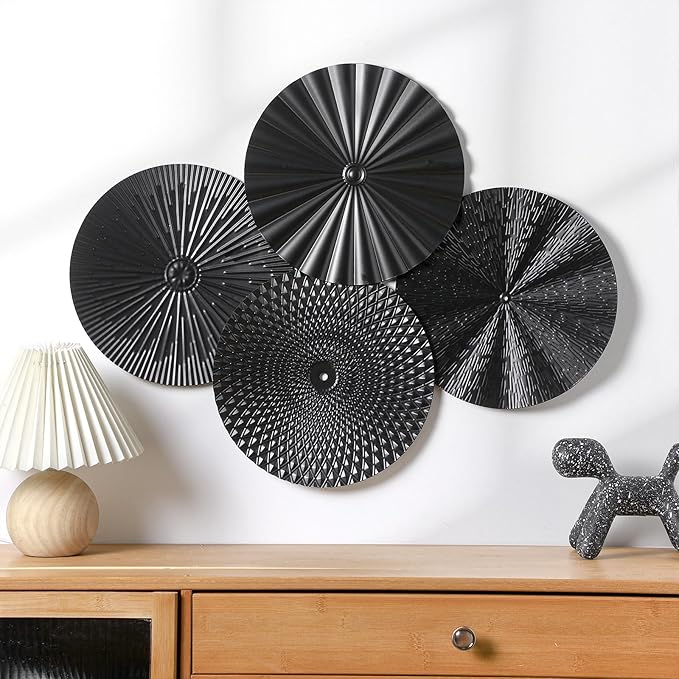 Hicarer 4 Pcs 12 Inch Metal Wall Art Decor Sunburst Hanging Metal Artwork Decor Wall Art Decorations for Home Living Room Office Gift for Christmas(Black)