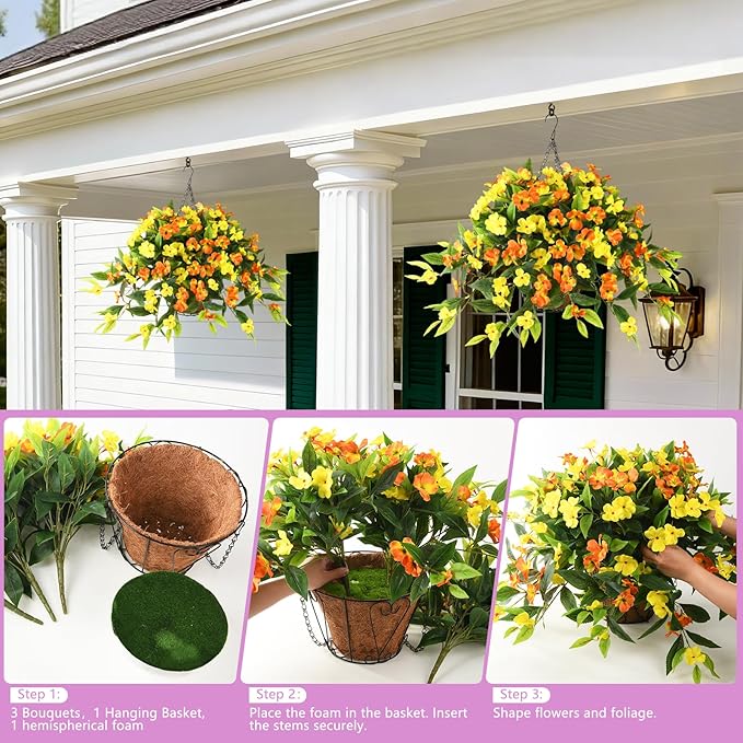 Hommyea Artificial Fake Hanging Flowers Plants Basket for Outdoors Outside Decoration UV Resistant Faux Silk Flowers Look Real Plastic Flowers for Spring Planters Home Porch Patio Garden Decor