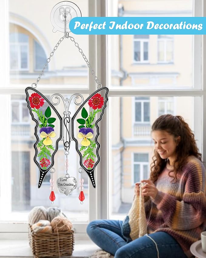 KY&BOSAM Gifts for Women I Love You Grandma Butterfly Suncatcher Stained Glass Suncatchers for Window Hanging Home Decor Garden Wind Chimes Birthday Gifts for Women Mothers Day Valentine's