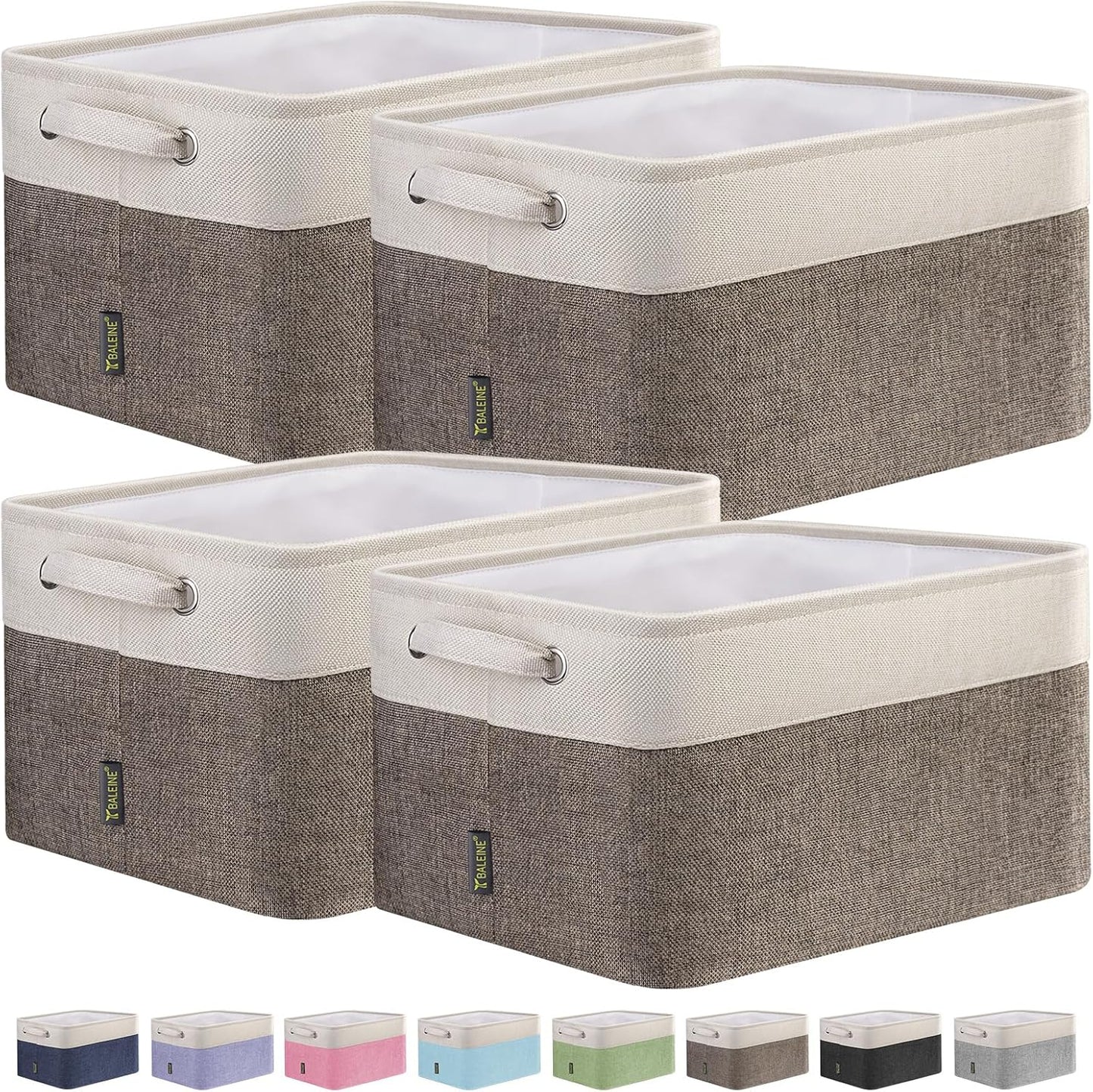 BALEINE 4 Pack Fabric Storage Bins for Shelves, Linen Storage Baskets for Organizing, Decorative Closet Bins for Clothes, Home (Brown, 12"x8"x8")