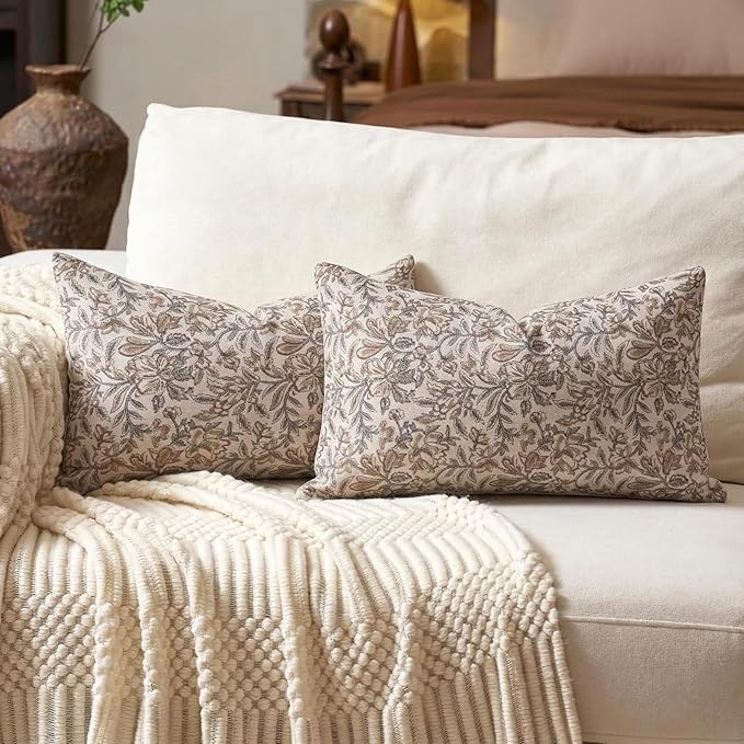 Amor Virisso Floral Throw Pillow Covers 12 x 20 Set of 2 Vintage Block Print Pillow Covers Decorative Pillow Covers Couch Pillows for Living Room Farmhouse Accent Sofa Pillows, Green/Sand