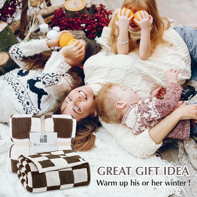 WRENSONGE Soft Twin Size Checkered Blanket for Bed-Cozy Knitted Blankets | Lightweight Fluffy Warm Decor for Women, Mom, Her & Girls, Sofa, Chair, Couch, 60x80in,Coffee
