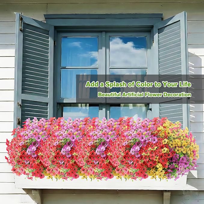 Artificial Flowers Fake Plants for Outdoors Spring Decoration, 13Bundles Silk Realistic UV Resistant Faux Flowers for Outside Planter Porch Yard Patio Garden Home Indoor, Mix