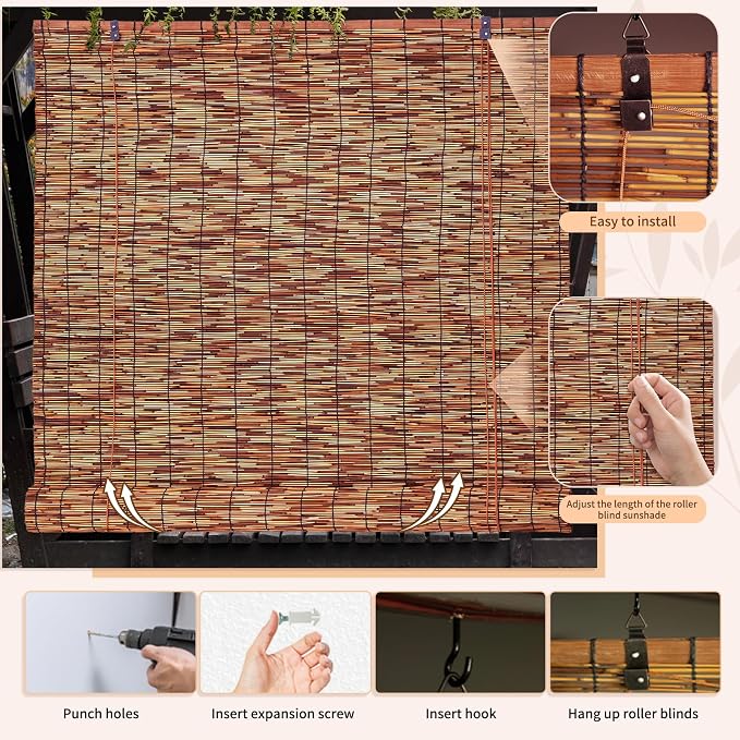 Reed Roller Shades,2 Pcs 48" W x 72" H Waterproof Privacy Screen Bamboo Outdoor Blind, Reed Curtain for Porch, Patio, Yard, Windows (Brown)