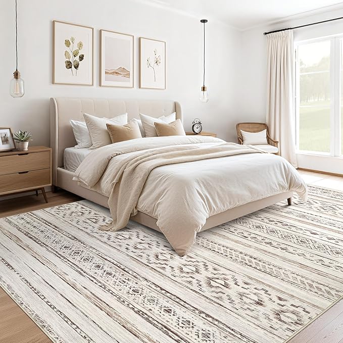 cotiled 5x8 Area Rug Living Room: Washable Boho Rugs with Non Slip Backing Large Soft Indoor Stain Resistant Carpet for Bedroom Farmhouse Dining Room Lightweight Home Decor Cream Brown
