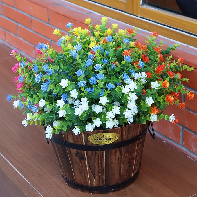 Artificial Flowers Outdoors, 12 Bundles Fake Flowers UV-Anti for Decoration Faux Plastic Plants Garden Porch Window Box Décor, WhitePinkYellowOrangeBlueGreen