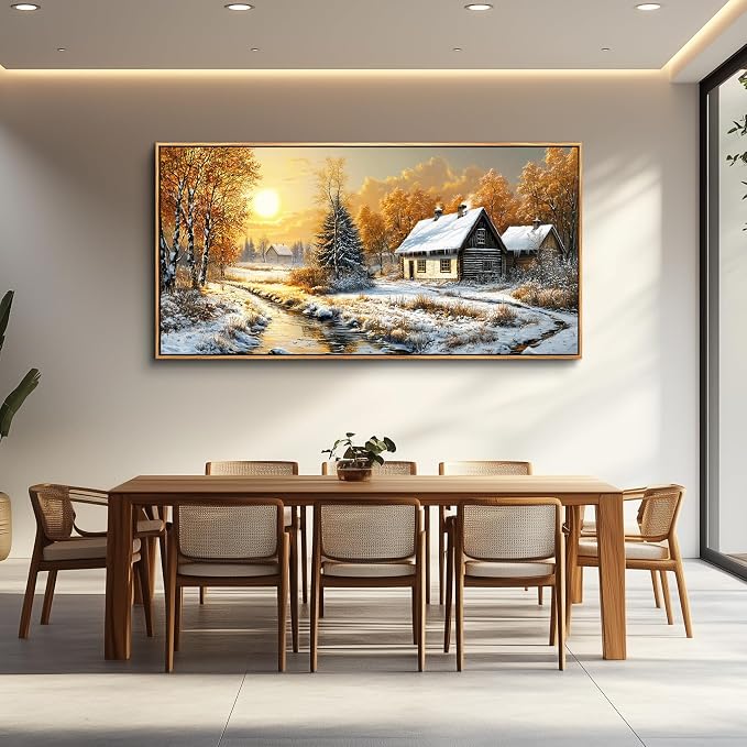 XIGUANGART Landscape Wall Art Framed,Large Canavs Wall Art,Snow Cottage with River Forest Pictures for Bedroom,Vintage Rustic Farmhouse Wall Decor Paintings for Living Room Bathroom Kitchen 20"X40"