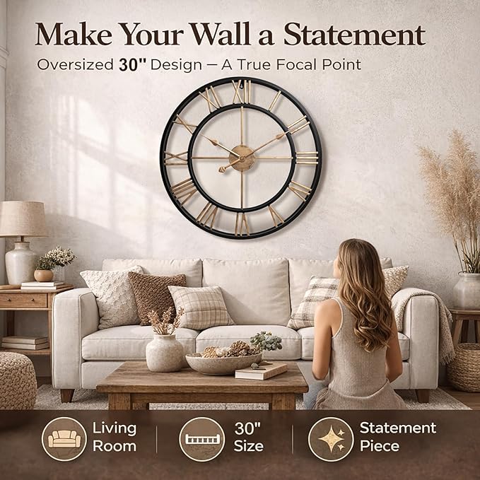 Pytha Sight 30 Inch Large Wall Clocks for Living Room, Farmhouse Roman Numeral Metal Wall Clock, Silent Non-Ticking Oversized Decorative Wall Clock for Fireplace, Dining Room, Office Decor