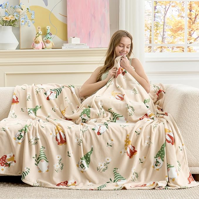Cozy Bliss Gnome Spring Throw Blanket - Garden Daisy Floral Design, Warm MilkyPlush Throw Blankets, Ultra Soft Cozy Blankets for Couch, Sofa and Bed, Beige, 60X80inches