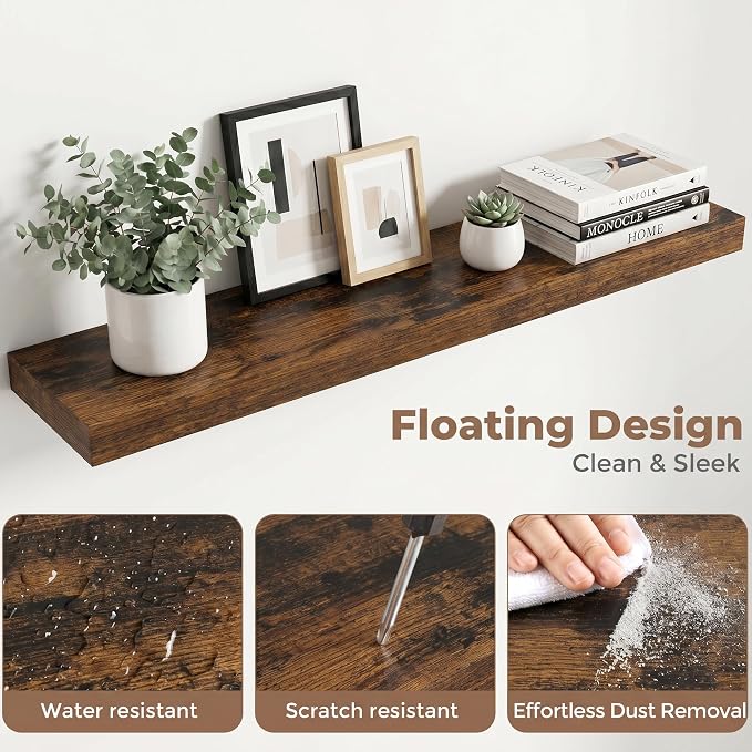 40 Inch Floating Shelves for Wall, 8"D Wood Storage Shelves, Brown Finish | Engineered Wood, Invisible Bracket, Large Storage, Easy Install, Hold Up to 66lbs, Living Room, Bathroom, Bedroom, Kitchen