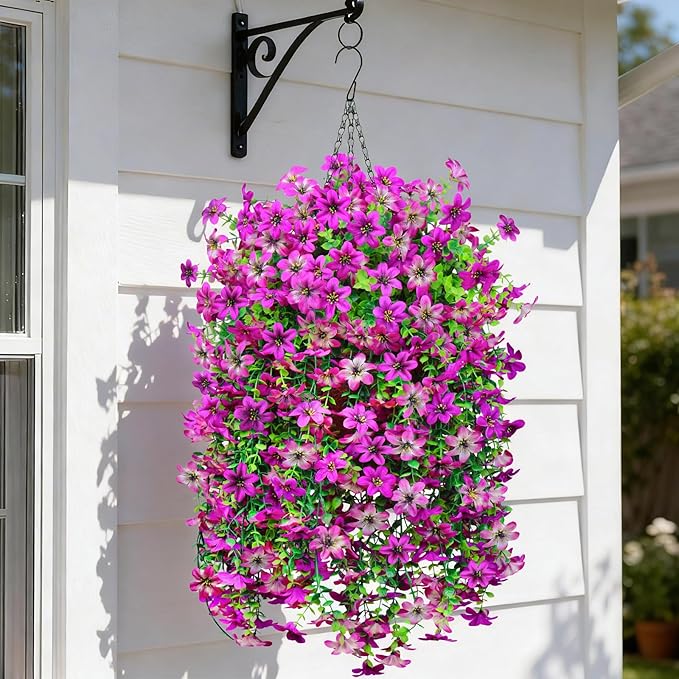 INQCMY Artificial Hanging Flowers Decoration, 4pcs Fake Floral Basket Plants for Outdoor Porch, Faux Shrubs Home Spring Decor UV Resistant Potted Violets for Outside Garden No Fade