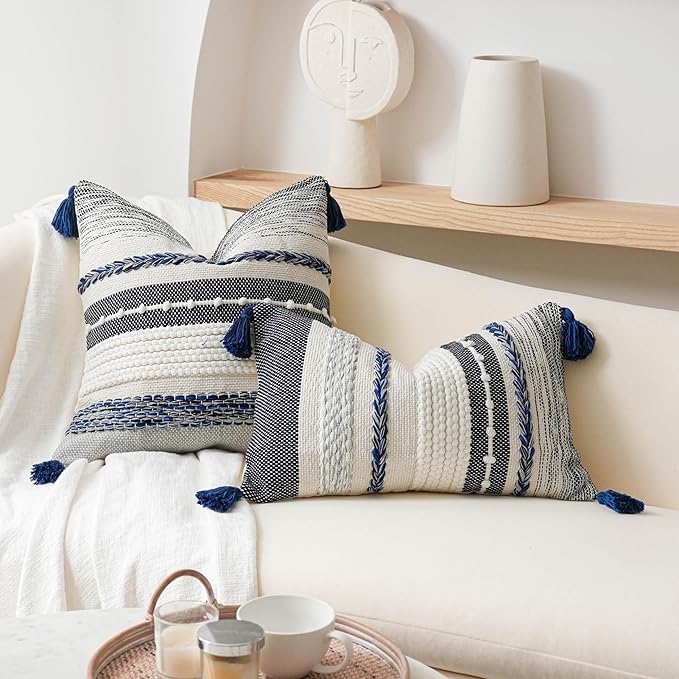 BlissBlush Navy Dark Blue Boho Throw Pillow Cover 22x22 Grey Decorative Accent Pillow for Couch Square Woven Textured Pillowcase Modern Boho Pillow for Bed, Bohemian Pillow Cover (Pack of 1)
