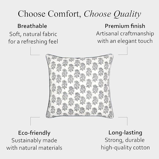 CPC 100% Cotton Throw Pillow Covers 20x20 Inch, Set of 2 Block Print Pattern Couch Pillow with Hidden Zipper, in Collabaration with Southern Source- Misty Grey Floral