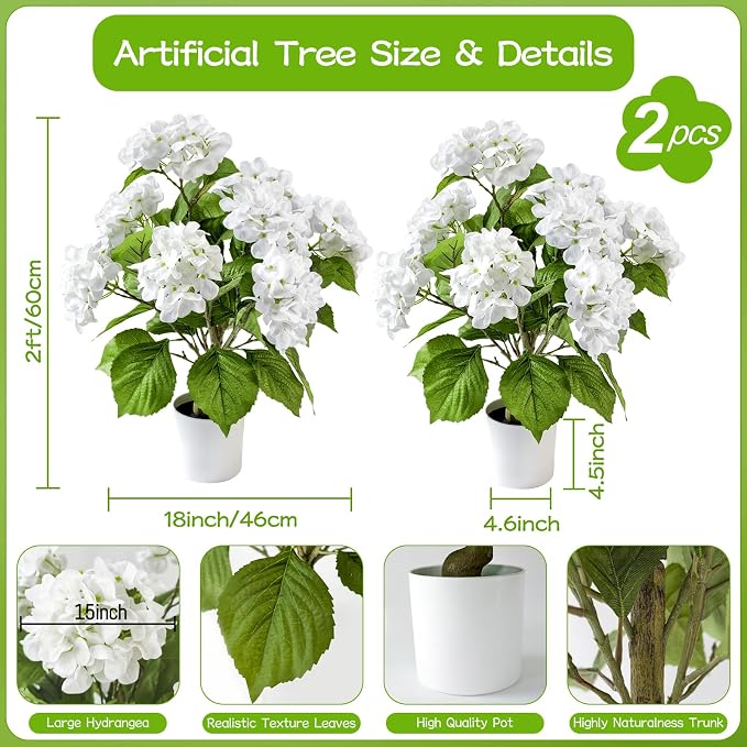 2 Pcs Artificial Hydrangea Tree 2ft Fake Potted Tree, Realistic Faux Hydrangea Tree in Pot for Front Porch Entryway Indoor Outdoor Home Office Decor, UV Resistant Artificial Outdoor Plants