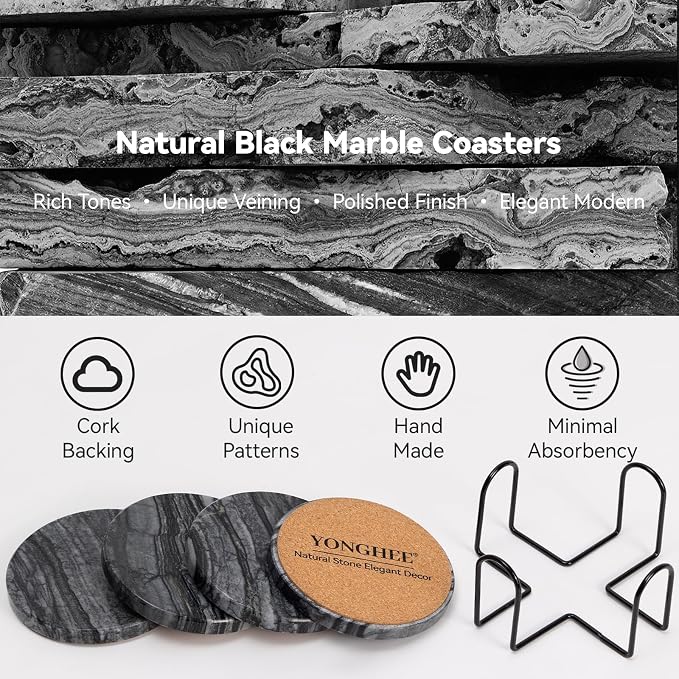 Black Marble Coasters Set of 4 with Holder, Black & Dark Gray Coasters for Coffee Table, 4" Round Polished Black Stone Coaster with Unique Veins – Heat Resistant, Non-Slip, Housewarming Gift