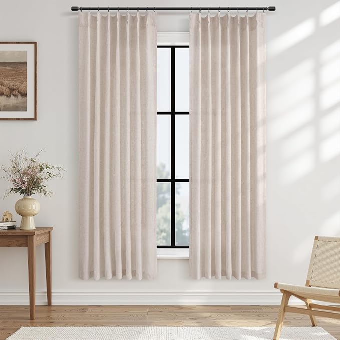 Cream Beige Pinch Pleated Linen Curtains 72 Inch Length 2 Panels Set for Living Room Bedroom Boho Farmhouse Country Privacy Light Filtering Semi Sheer Back Tab Drapes with Hooks for Nursery 40x72