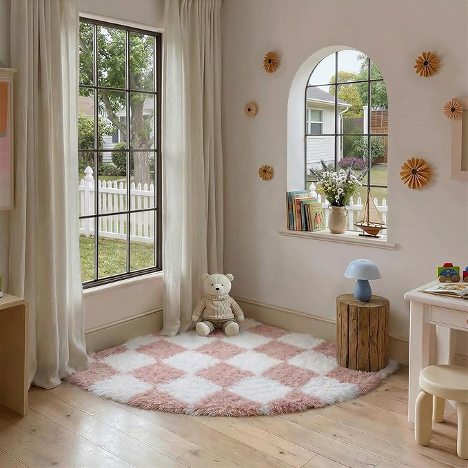 PureCozy Checkered Rug 3ft Radius Corner for Playroom, Pink and White Modern Shag Super Soft Washable Fluffy Rugs Indoor Fuzzy Carpet for Bedroom Home Dorm Aesthetic Decor