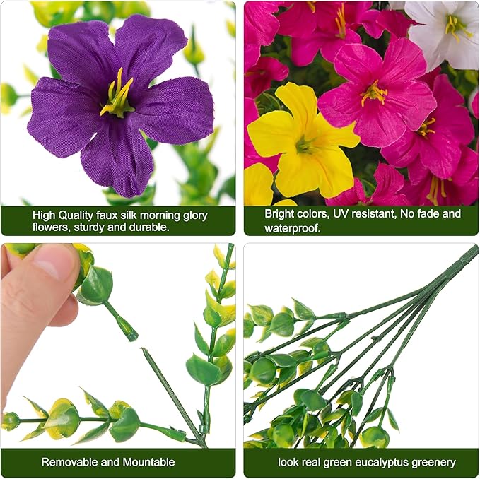 Artificial Flowers for Outdoors Fake Plants Outside Decoration, 20 Bundles Silk Petunia with Eucalyptus UV Resistant Realistic Faux Flowers for Outdoor Planters Garden Balcony Yard Porch Patio, Mix