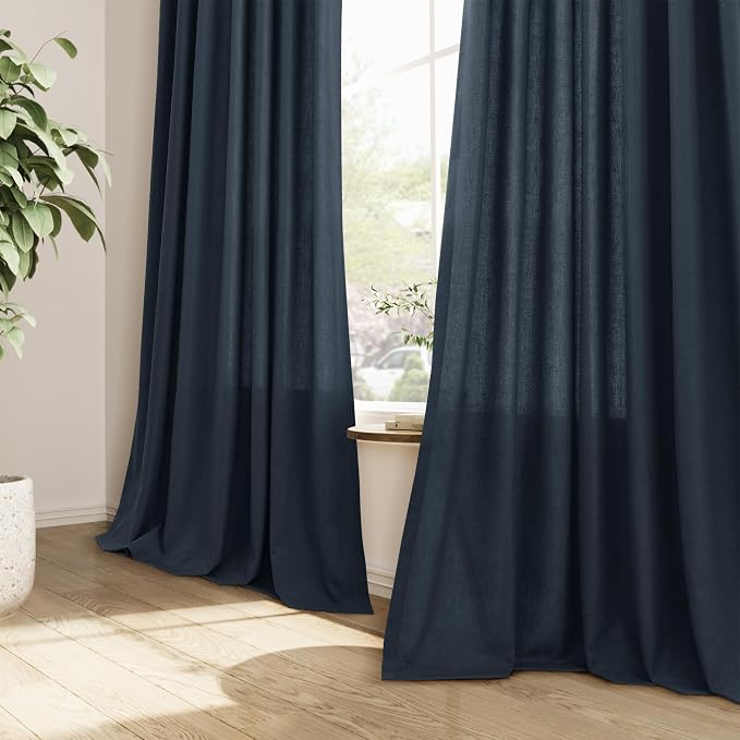 Vintage Blue Pinch Pleated Linen Curtains 108 Inch Length 2 Panels for Living Room Bedroom Vintage Farmhouse Country Privacy Light Filtering Semi Sheer Back Tab Drapes with Hooks for Nursery 40x108