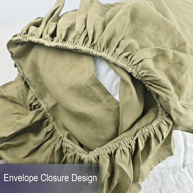 Olive Green Ruffles Linen Pillowcase, 100% French Linen Pillow Cover, King Size 1 Piece Farmhouse Shabby Chic Pillow Case, 20''x36'' Pillowcase with Decorative Ruffle Envelope Closure