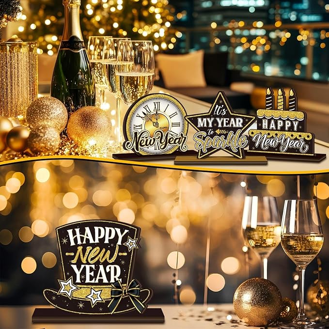 Cinnvoice 6 Pcs Happy New Year Table Decorations Wooden Table Centerpieces Rustic Wood Tabletop Sign Decorations for Home Kitchen Office Farmhouse Desk Shelves Party Tiered Tray Decor