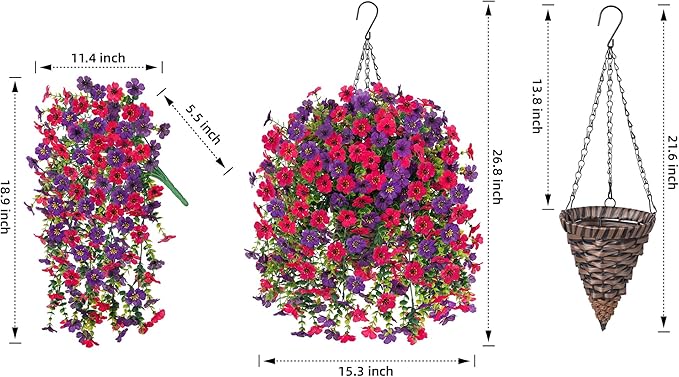HyeFlora Artificial Hanging Flowers Basket for Outdoor, Fake Flowers Faux Plants Look Real for Yard Gardens Porch Patio Home (Darkpurple+Hotpink)