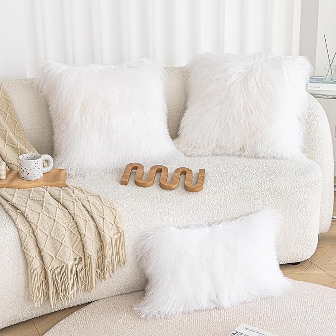 Real 100% Tibetan Mongolian Lamb Sheepskin Wool Fur Throw Pillow Covers White 20x20 Inch, Super Soft Plush Leather Accent Pillowcase Decorative Cushion Cover for Living Room Bedroom