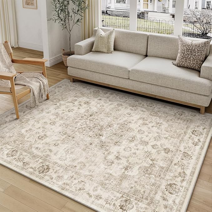 5x7 Washable Neutral Area Rug Beige Vintage Living Room Bedroom Carpet Non-Slip Soft Low Pile Farmhouse Indoor Throw Rug for Dining Room Entryway Office