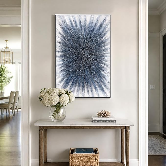 SAFERRYHOME Abstract Hand Painted Wall Art, Navy Blue, 24"x36" Framed | Shimmering Blue 3D Textured Framed Wall Decor, Modern Painting Radiant Burst Geometric Artwork for Home Office Living Room