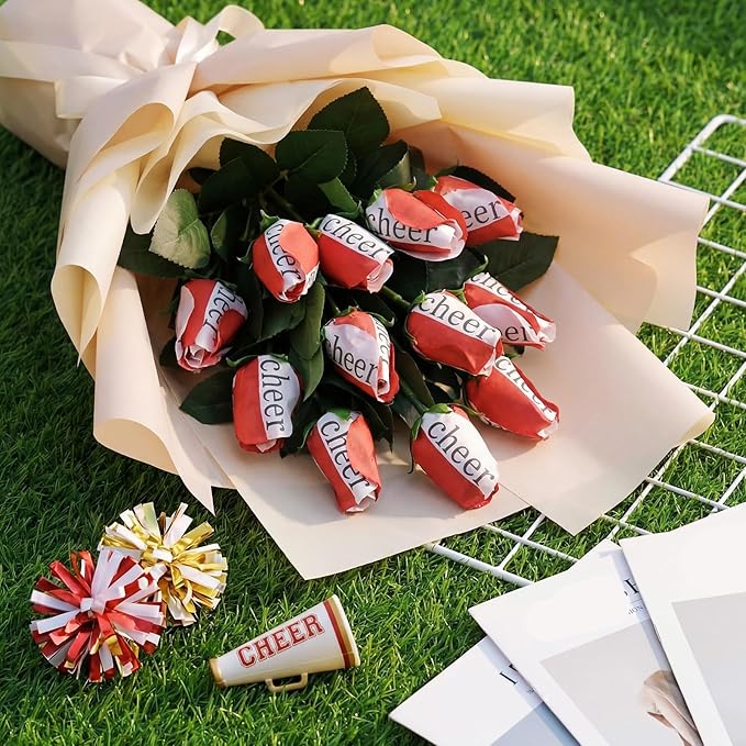 Suhine 12 Pcs Red Cheer Gifts Cheerleader Cheerleading Artificial Rose Flowers Gifts Bulk for Women Cheer Team Sport Game Day Birthday Graduation Party Decorations Favors (Red White, Normal)