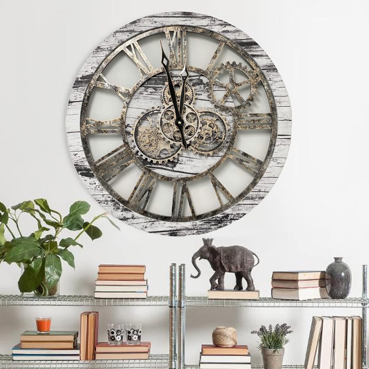The Gears Clock The Original Real Moving Gear Wall Clock Vintage Industrial Oversized Rustic Farmhouse (24 inch (60cm), Vintage Grey and White)
