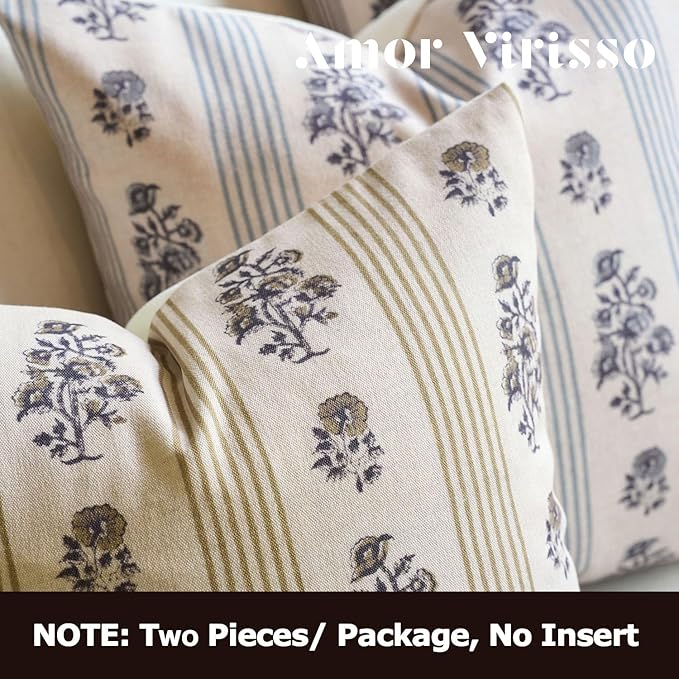 Amor Virisso Floral Throw Pillow Covers 24x24 Set of 2 Block Print Pillow Covers Neutral Floral Striped Farmhouse Decorative Pillow Covers for Sofa Couch Bed, Yellow