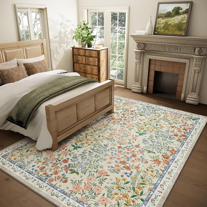 Machine Washable Rugs for Living Room: 5x7 Area Rugs for Bedroom Vintage Stain Resistant Non Slip Low Pile Soft Carpet Rugs for Entryway Kitchen Dining Room Farmhouse Kids Room Nursery