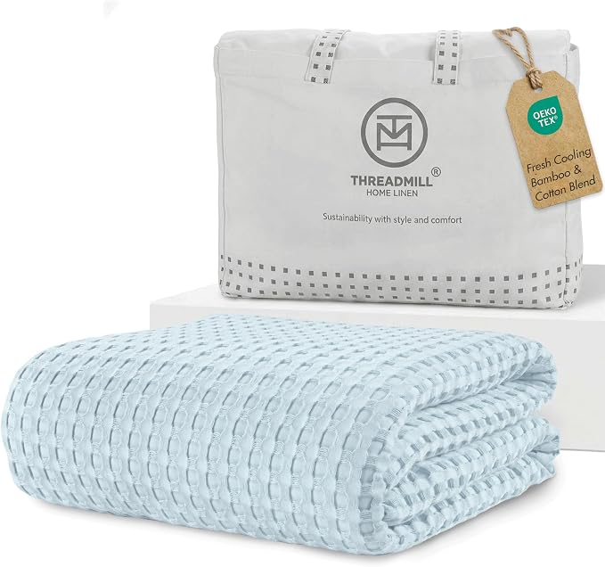 Threadmill Cooling Blanket Twin Size Waffle Weave| Breathable, Lightweight & Ultra-Soft | Made from Rayon Derived from Bamboo | Waffle Throw for Couch and Sofa | 68 x 92 Inches | Light Blue