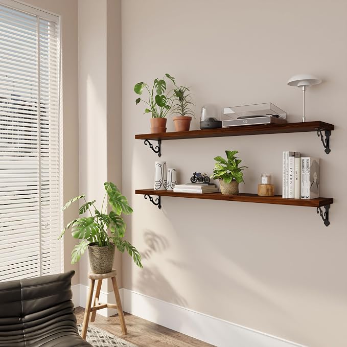 48 Inch 2 Tier Solid Wood Floating Shelves for Wall with Metal Brackets | 48 inch solid pine shelves, 2 tier, walnut finish, metal brackets for books, decor and home storage