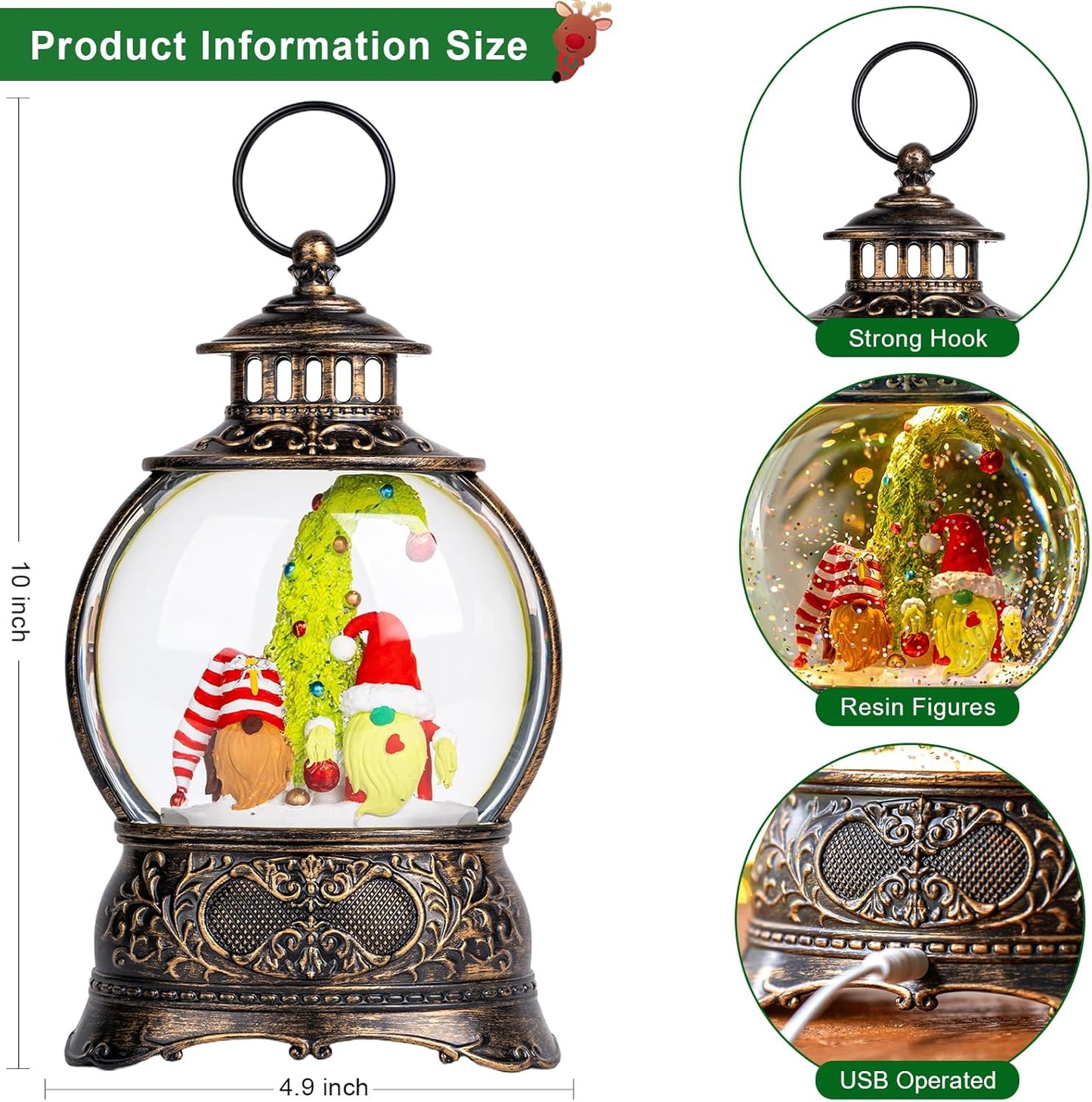 Christmas Snow Globes Christmas Water Lantern with Gnome Wearing Christmas Hats, Music & 6H Timer, USB Lined/Battery Operated Lighted Lanterns for Xmas Festival Decoration Gifts